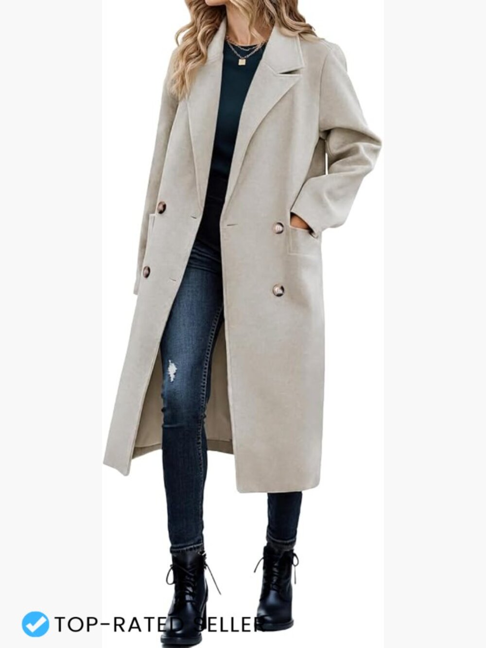 Double Breasted Pea Coat Long Trench Coat Casual Work Office Overcoat